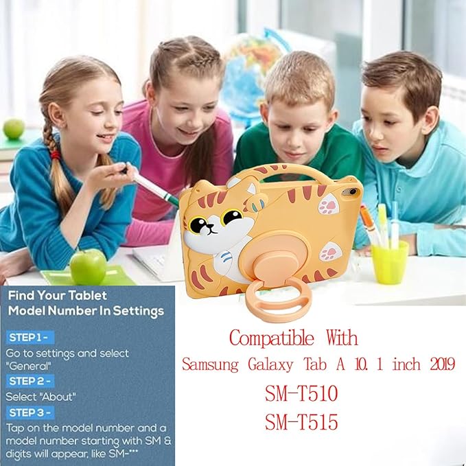 3D Cute Vivid Cat Case for Samsung Galaxy Tab A 10.1 inch 2019 SM-T510/T515(Not for Other 10.1 inch Tablet),Kawaii Cartoon Pretty Cat Soft Silicone Rotating Stand Case with Lanyard for Kids Teens