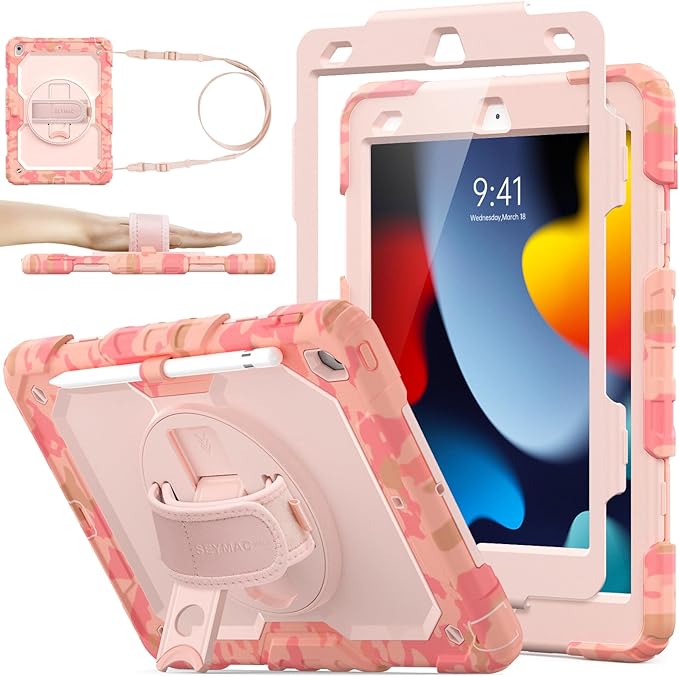 SEYMAC stock Case for iPad 9th/ 8th/ 7th Generation 10.2'', Shockproof with Screen Protector, Pencil Holder [360° Rotating Hand Strap] & Stand, for iPad 10.2 inch 2021-2019 (Pink Camo)