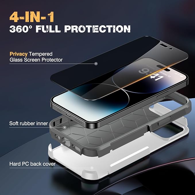 Diaclara Designed for iPhone 14 Pro Max Case, [with Privacy Screen Protector] [Anti Spy] [Military Grade Drop Protection] Heavy Duty Full-Body Shockproof Phone Case, White