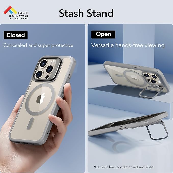 ESR for iPhone 15 Pro Case, Compatible with MagSafe, Military-Grade Protective Case, Built-in Stash Stand Phone Case, Scratch-Resistant Back Cover, Classic Series, Clear Grey