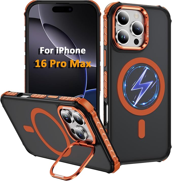 Magnetic for iPhone 16 Pro Max Case Orange with MagSafe Wireless Charging Heavy Duty Military-Grade Shockproof Protection Adjustable Kickstand Slim Matte Anti-Fingerprint Cover Men Women