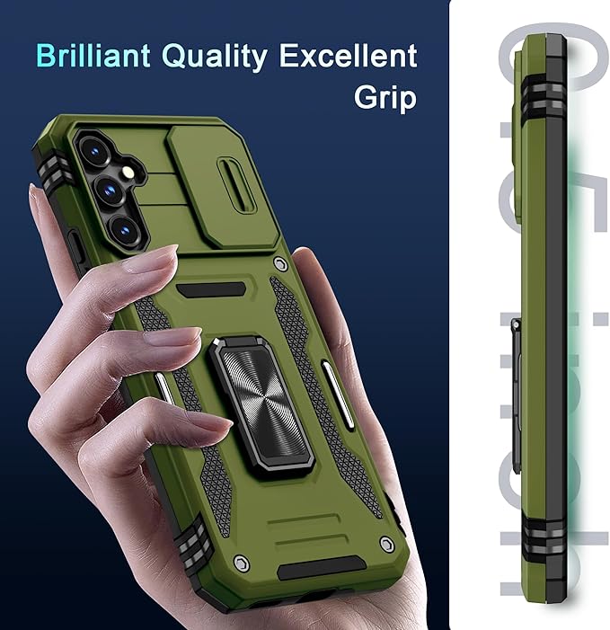 DEERLAMN Case for Samsung Galaxy S23 FE 6.4-Inch with Slide Camera Cover+Screen Protector(1 Pack),Rotated Ring Kickstand Military Grade Shockproof Protective Cover-Olive Green