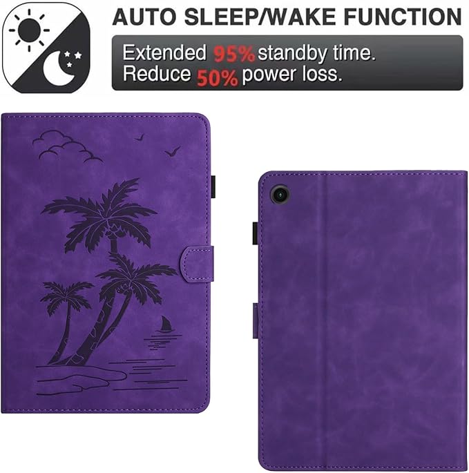 Case for Samsung Galaxy Tab A9 Plus 11 Inch 2023 2024 SM-X210/X216/X218， PU Suede Leather Stand，Coconut Tree Embossed Cover for Galaxy Tab A9+/A9 Plus, with Card Holder & Auto Sleep/Wake,Purple