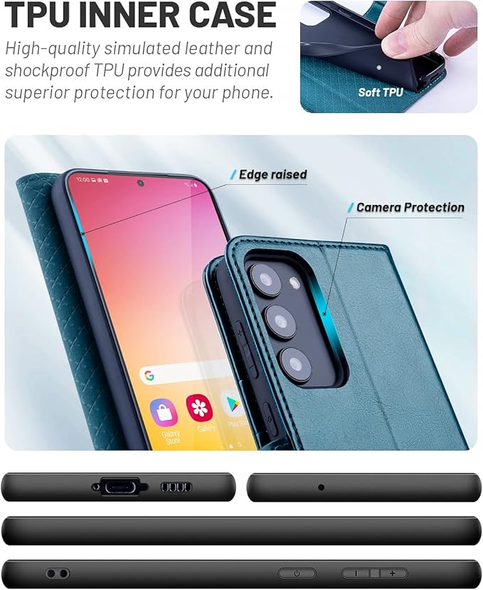 OCASE Compatible with Galaxy S23 5G Wallet Case, PU Leather Flip Folio Case with Card Holders RFID Blocking Kickstand [Shockproof TPU Inner Shell] Phone Cover 6.1 Inch (2023) -Peacock Blue