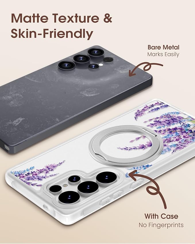 for Samsung Galaxy S25 Ultra Case with 360° Rotatable Magnetic Ring - Compatible with MagSafe, Semi-Transparent Soft-Touch Material Shockproof, Cute Purple Floral Design for Women Girl