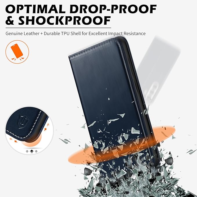 SHIELDON Case for Galaxy S25 FE 6.7", Genuine Leather Wallet Flip Book Case RFID Blocking Card Holder Kickstand Shock Absorbing Protective Case Compatible with Galaxy S25 FE 2025 5G - Retro Dark Blue