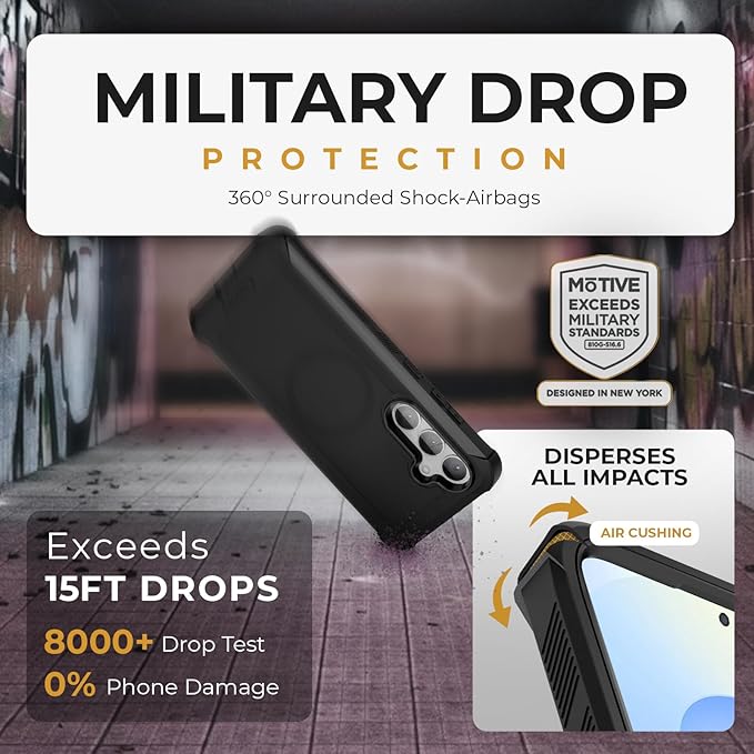 MOTIVE Designed for Samsung Galaxy s25 Case with Belt Clip, Magnetic Case Magsafe Compatible, Heavy Duty and Quad Layer Military Protection for s25 Holster, 6.2" | Black [Fits s24 Phone]