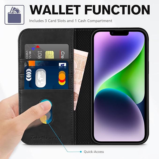 TUCCH Case Wallet for iPhone 14 6.1", [3 Card Holder] Slots [RFID Blocking] Stand Flip Folio PU Leather Cover, with [TPU Shockproof Interior Case] Compatible with iPhone 14 2022, Classic Black