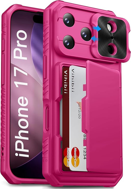 Vihibii for iPhone 17 Pro Case Wallet with Card Holder (4 Cards) [RFID Blocking] & Slide Lens Cover & Raised Edges Protect Screen, Shockproof Rugged Phone Cover Case for iPhone 17 Pro 2025, Hot Pink