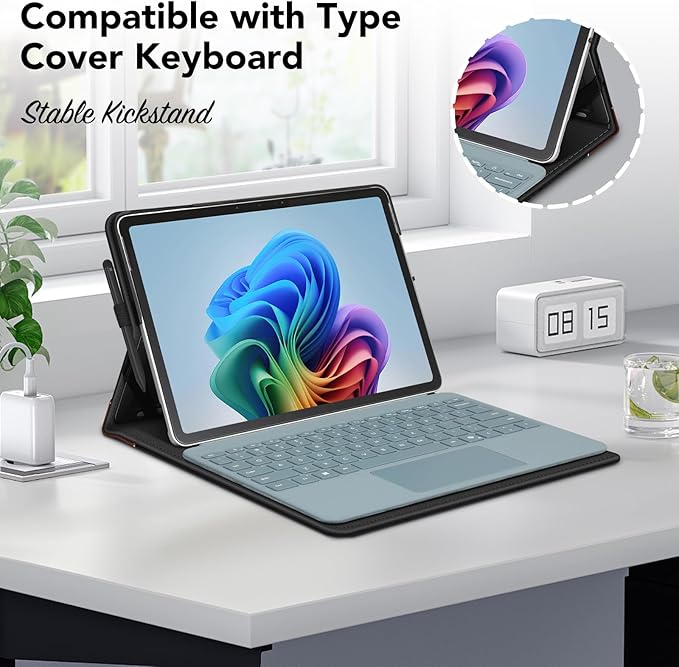 Fintie Case for Microsoft Surface Pro 12 Inch 1st Edition (2025), Multiple Angle Viewing Portfolio Business Cover with Pocket & Stylus Holder, Compatible with Type Cover Keyboard (Black/Brown)