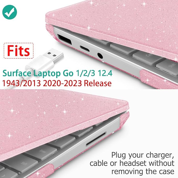 Tuiklol Case for 12.4 Inch Microsoft Surface Laptop Go 3/2 / 1 2023-2020 Releases, Plastic Hard Shell Case with Screen Protector and Keyborad Cover +Dust Plugs Model 2013/1943,Sparkly Pink