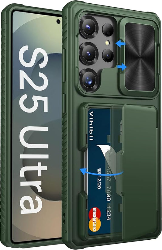 Vihibii for Samsung Galaxy S25 Ultra Wallet Case, Built-in Card Holder (4 Cards), [RFID Blocking] & Slide Lens Cover, Military Grade Drop Protection, Phone Case for Samsung Galaxy S25 Ultra, Green