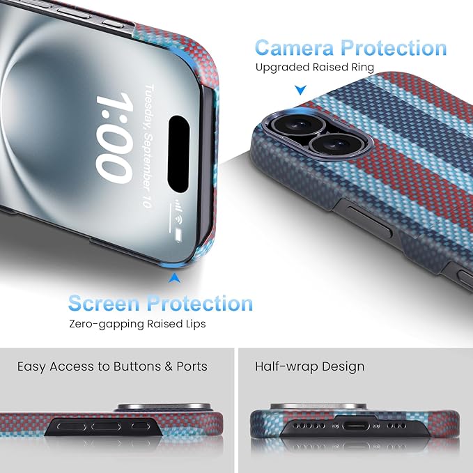 Aramid Fiber for iPhone 16 Plus Case,Compatible with Magnet,Slim & Light for iPhone 16 Plus, Case-Less Touch Feeling,Red-Blue Stripes