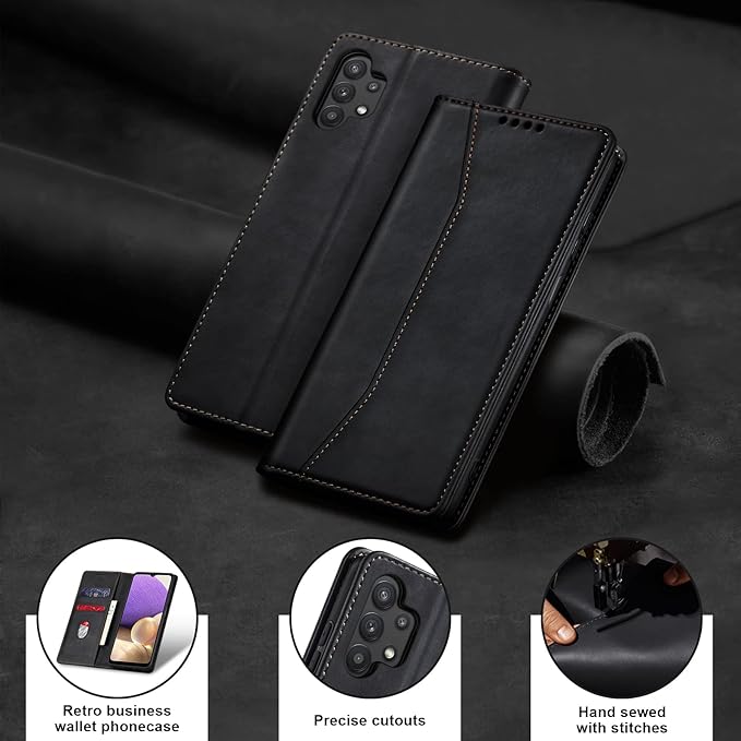 Jasonyu Flip Wallet Case for Samsung Galaxy A32 5G,Leather Magnetic Folio Cover with Card Holder,Kickstand - TPU Shockproof Durable Protective Phone Case,Black