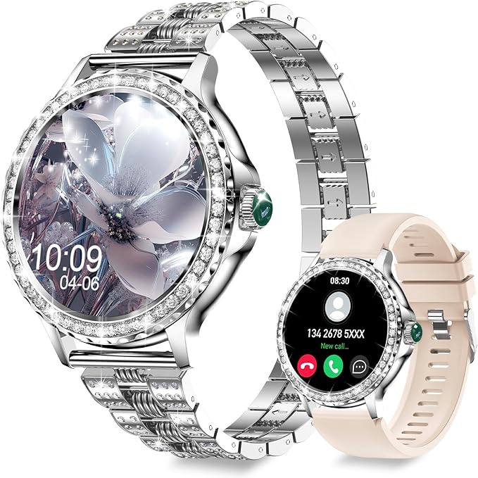 Smart Watches for Women(Answer/Make Calls) with Diamonds, 1.3” HD Bluetooth Smart Watch for Android iOS Phones, IP68 Waterproof Fitness Activity Trackers Smartwatch with Heart Rate/SpO2/Sleep Monitor