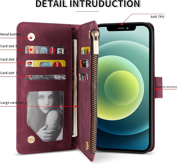 ZZXX for iPhone 12 Mini Wallet Case with Card Slot Premium Soft PU Leather Zipper Flip Folio Wallet with Wrist Strap Kickstand Protective for iPhone 12 Mini Case Wallet(Wine Red 5.4 inch)