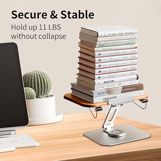 Book Stand for Reading, Mayhas Adjustable Book Holder with 360° Swivel Base&Page Clips, Foldable Desktop Stand for Cookbook, Fits All Books (Cherry Wood, Aluminum Base)