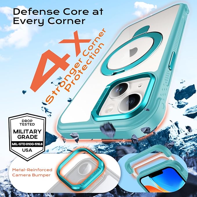 Anqrp O-Ring Magnetic Kickstand Clear Case for iPhone 14/13, Compatible with Mag-Safe, Military-Grade Reinforced 4-Corners Anti-Yellowing Transparent Phone Case Cover for iPhone 13/14, Teal