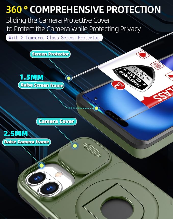 for iPhone 16 Case Magnetic Compatible with MagSafe Wireless Charging with 2 Screen Protectors,16 Case Built-in Kickstand Ring Camera Heavy Duty Protection Military Grade Drop Shockproof Green