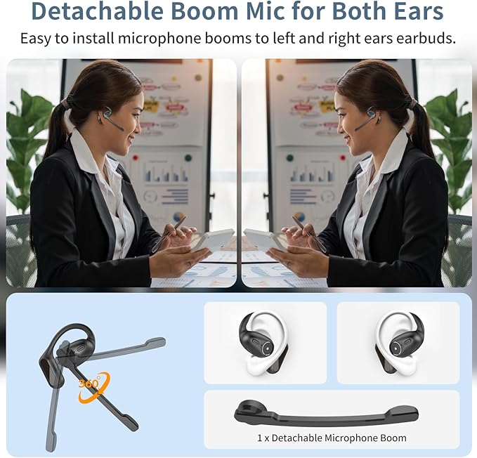 BANIGIPA Open Ear Headphones w/Detachable Boom Mic, Bluetooth 5.4 Headset w/Noise Canceling Microphone, True Wireless Earbuds w/Charging Case for Working, Lightweight & Mute, Multipoint Connection