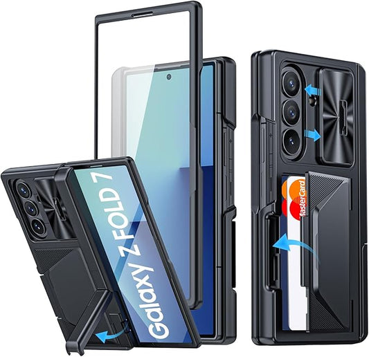 for Samsung Galaxy Z Fold 7 Case with Card Holder RFID Blocking, Built in Slide Lens Cover & Hinge Protection & Kickstand & Screen Protector, Shockproof Wallet Case for Z Fold 7 (Black)