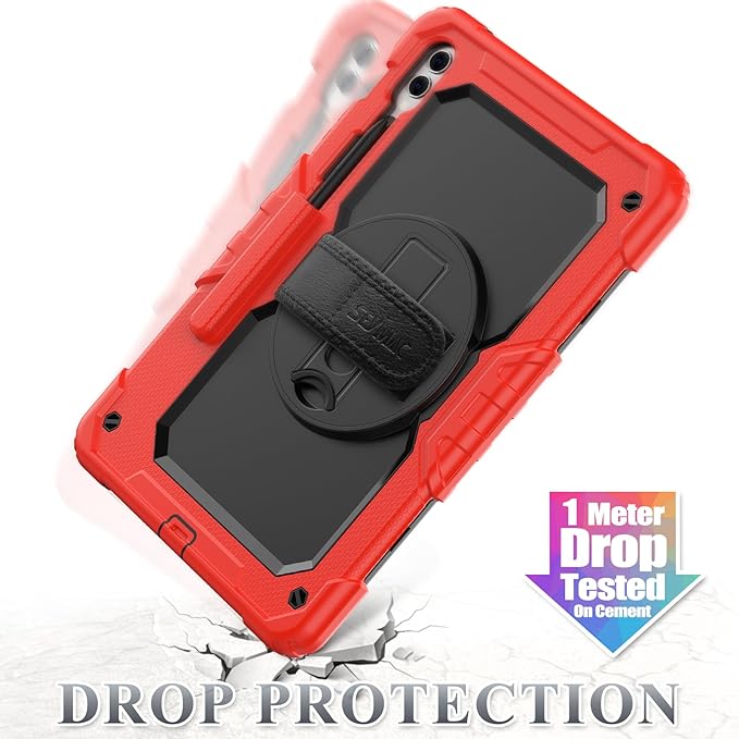 SEYMAC Stock Case for Samsung Galaxy Tab S10 Plus/S9 Plus 5G Tablet 12.4'' with Screen Protector & Pencil Holder, 360 Rotating Hand Strap & Stand, Drop-Proof, Red