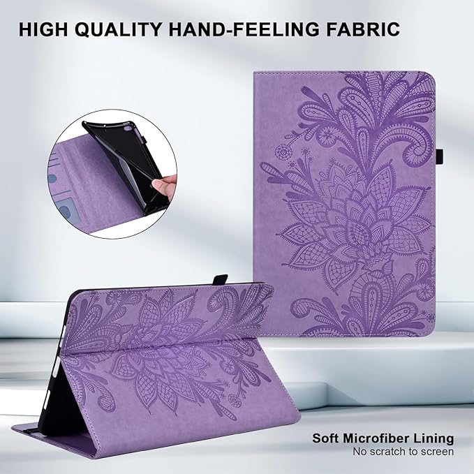 Case for Lenovo Tab M10 Plus 3rd Gen 10.6 Inch 2022 (TB125FU/128FU), Embossed Lace PU Leather Flip Folio Tablet Case with Elastic Band & Card Slots/Holder, Multi-Angle Viewing Stand Cover, Purple