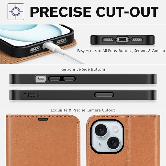 TUCCH Case Wallet for iPhone 15 6.1", [RFID Blocking] [4 Card Slots] Kickstand [Shockproof TPU Interior Case], PU Leather Magnetic Flip Cover Compatible with iPhone 15 5G 2023, Light Brown