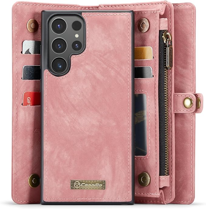 SZHAIYU 2 in 1 Detachable for Samsung Galaxy S24 Ultra Wallet Case with Card Holder, Retro Premium Flip Leather Cover Magnetic Zipper Pocket Phone Cases 6.8'' (Pink, S24 Ultra)