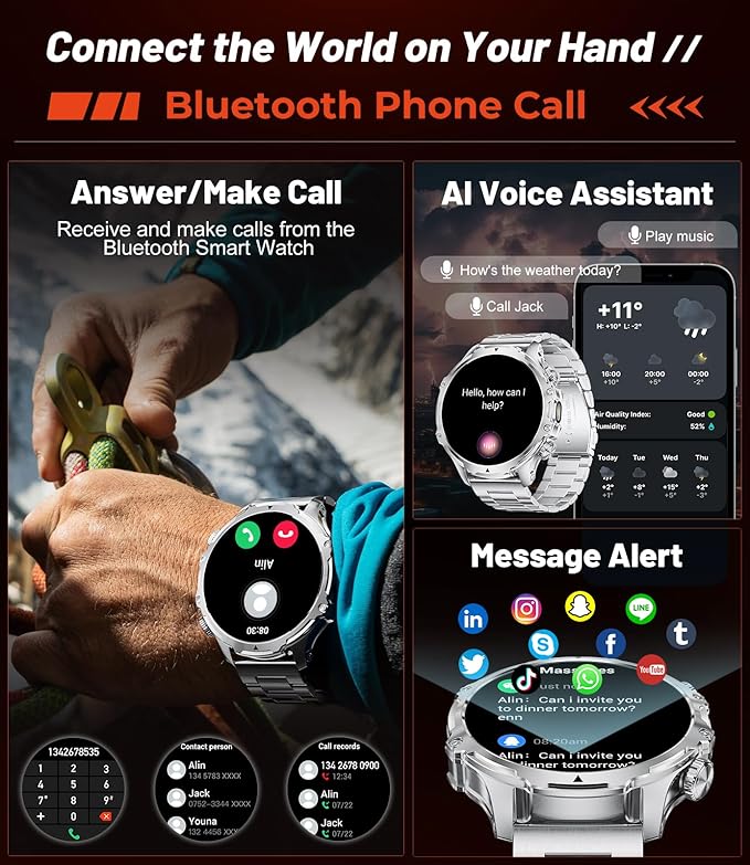 Smart Watches for Men(LED Flashlight), 1.85'' HD Large Smartwatch, 800mAh/5ATM Waterproof/Pedometer/100+ Sports Fitness Tracker Watch, Rugged Smartwatches for Men Compatible Android iPhone