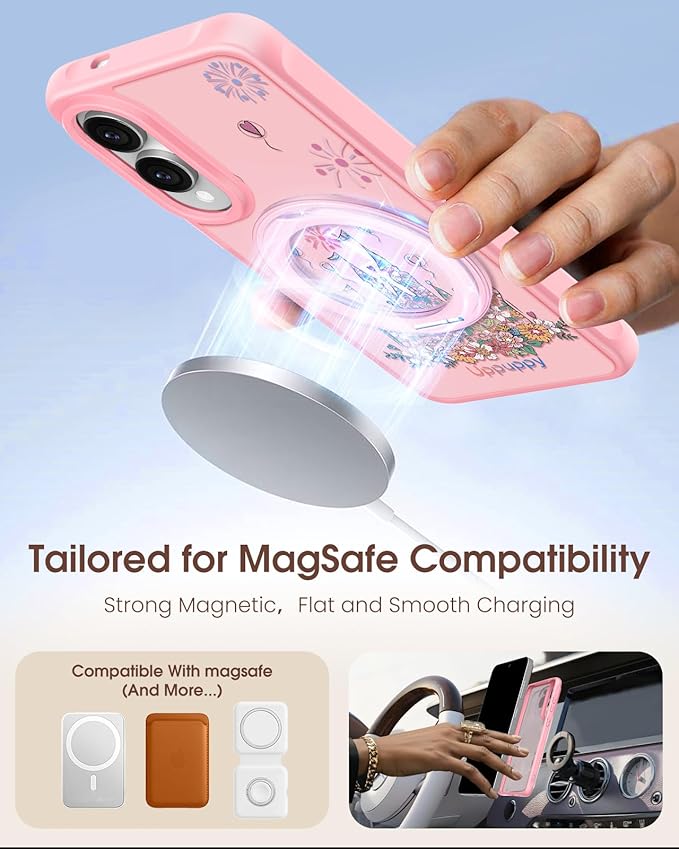 for Samsung Galaxy S25 Edge Case with 360° Rotatable Magnetic Ring - Compatible with MagSafe, Semi-Transparent Soft-Touch Material Shockproof, Cute Pink Castle Design for Women Girl