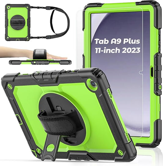 Case for Samsung Galaxy Tab A9 Plus Tablet Case 11-inch [with Tempered Glass Screen Protector] Heavy Duty Shockproof Cover, Rotating Kickstand, Shoulder & Hand Strap (Green)