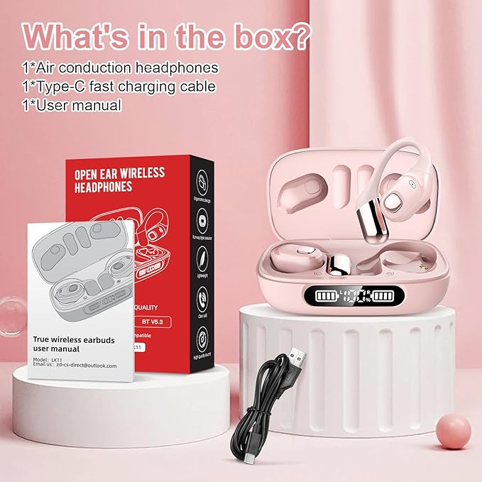 Open Ear Earbuds, Bluetooth 5.3 Wireless Air Conduction Headphones with Mic, LED Display Charging Case&Fast Charging, Ultra-Light Weight, 80H Playtime Earbuds for Work, Sports (Pink)