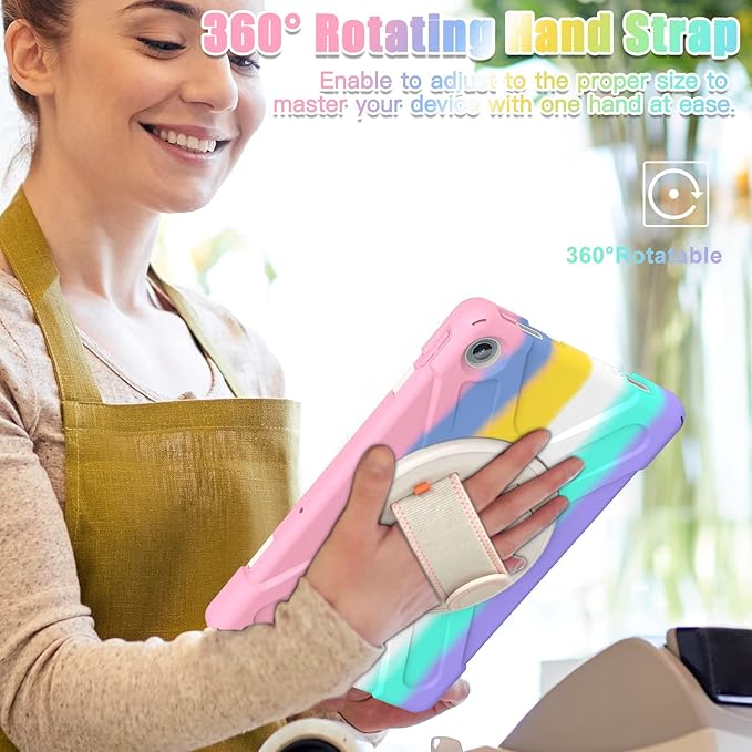 TSQQST Case for Lenovo Tab M10 Plus 3rd Gen 10.6 Inch 2022 Model TB-125F/TB-128F，Shockproof Protective Case w/ 360 Rotating Stand Hand Strap, Colorful Pink