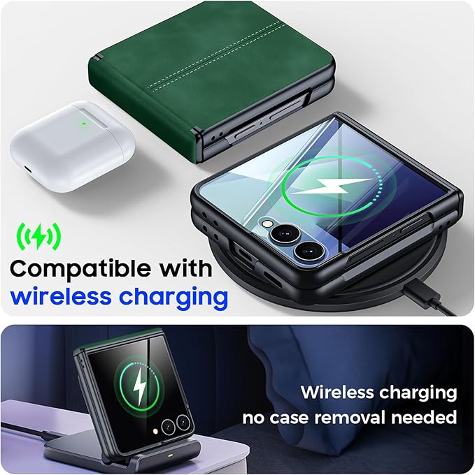 for Samsung Galaxy Z Flip 7 Case with Hinge Protection & Built-in Screen Protector, Ultra Thin Stylish Leather Matte PC Durable Shockproof Cover Phone Case for Galaxy Z Flip 7-Green