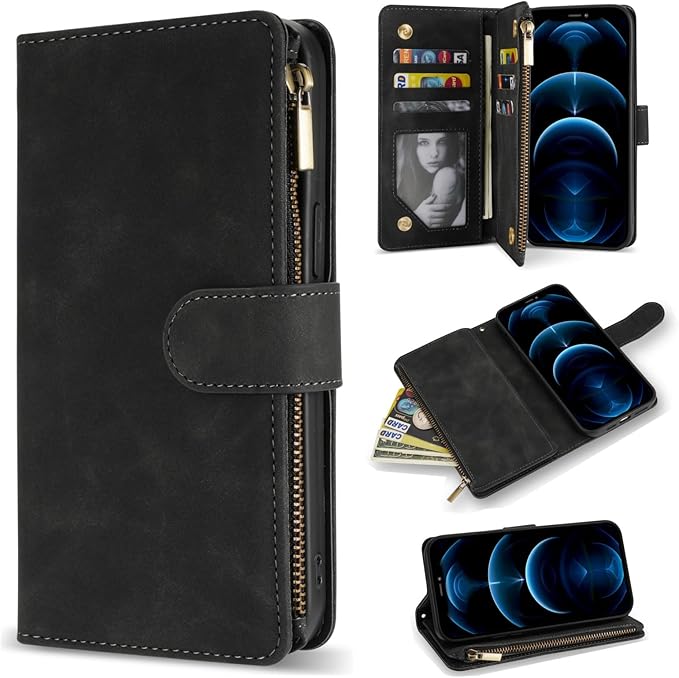 ZZXX for iPhone 12 Pro Max Wallet Case with Card Slot Premium Soft PU Leather Zipper Flip Folio Wallet with Wrist Strap Kickstand Protective for iPhone 12 Pro Max Case Wallet(Black 6.7 inch)