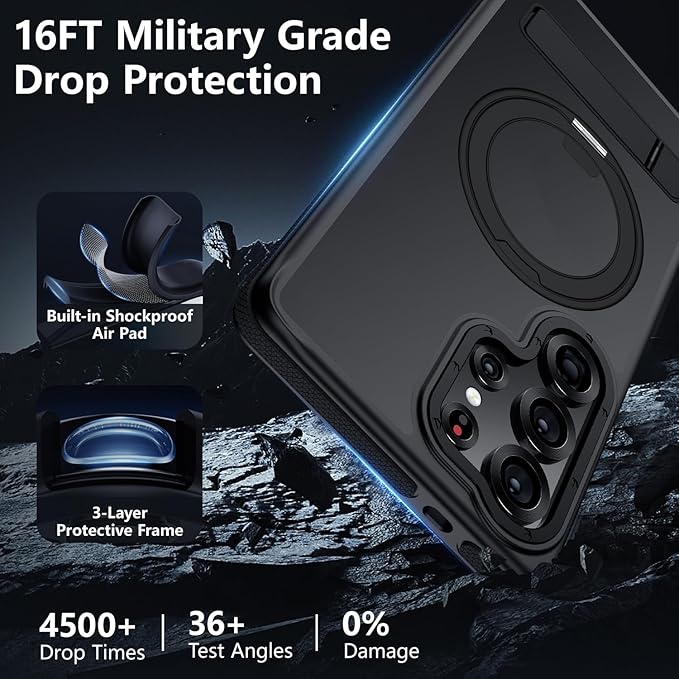 360°Spin Magnetic Stand for Samsung Galaxy S25 Ultra Case,[Compatible with Magsafe] Military Grade Drop Protection, Matte Hard Slim S25 Ultra Phone Case with Kickstand & Ring Holder 113