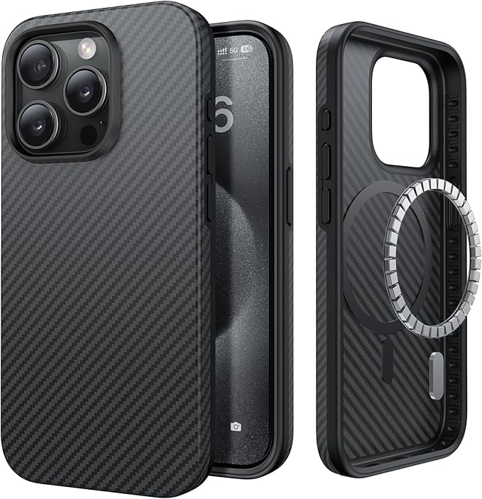 Diaclara Slim Magnetic Series Designed for iPhone Case,[1500D Aramid Fiber][Built in Magnet Ring] Protective Shockproof Bumper for iPhone, Black (Black-TPU, for iPhone 15 Pro)