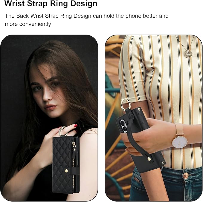 KIHUWEY for Galaxy Z Fold 7 Wallet Case with Card Holder Premium Leather Magnetic RFID Blocking Shockproof Zipper Wrist Strap Lanyard Cover for Samsung Galaxy Z Fold 7 8.0 Inch (Black)