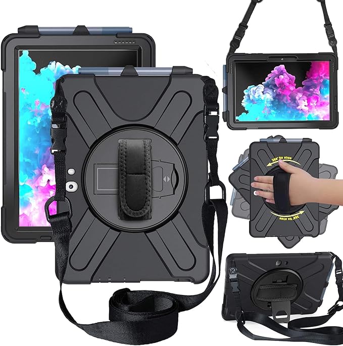 DreamerX for Microsoft Surface Go 4/3/2/1 Case (2023/2021/2020/2018), Heavy Duty Military Grade Rugged Shockproof Kids Friendly Drop Protection Cover w/Rotating Stand Hand Strap Shoulder Strap, Black