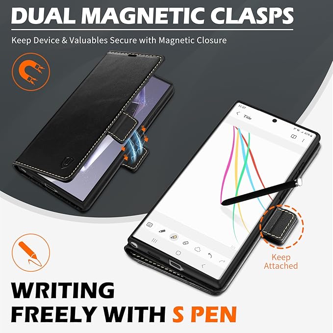 SHIELDON Case for Galaxy S25 Ultra 6.9", Genuine Leather Folio Wallet Case RFID Blocking Card Holder Folio Magnetic Stand Shockproof Protective Cover Compatible with Galaxy S25 Ultra 5G - Retro Black