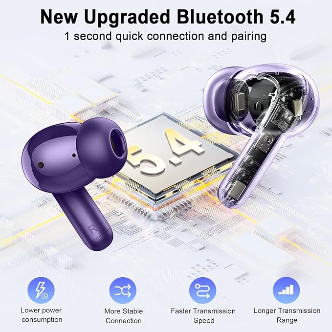 Wireless Headphones Bluetooth 5.4 Earbuds, 2025 Ear Buds Deep Bass Hi-Fi Stereo, 4 ENC Noise Cancelling Mic, 40Hrs USB Fast Charging in-Ear Earphones, IP-X7 Waterproof Workout Sport for Android iOS