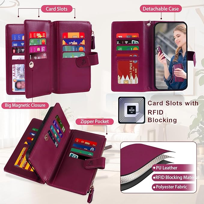 Lacass for Samsung Galaxy S24 Case Wallet,Compatible with MagSafe 2 in 1 Magnetic Detachable PU Leather RFID Blocking Wallet Cover Card Holder Zipper Wrist Strap Lanyard,Floral Wine Red