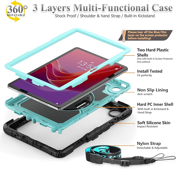 SEYMAC stock Tablet Case for Lenovo Tab M11 (TB-330FU/TB-330XU) 11 inch Drop-Proof Protection Cover with 360° Rotate Stand & Strap [Pen Holder] & Screen Protector/K11/Xiaoxin Pad 2024, Sky Blue+Black