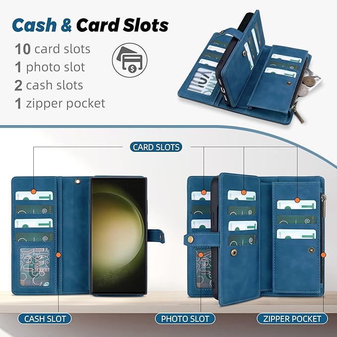 TwoHead for Samsung Galaxy S23 Ultra Wallet Case with Card Holder & Detachable Magnetic Phone Case for Galaxy S23 Ultra,PU Leather Shockproof Protective Phone Cover Wallet(6.8 in,Navy Blue)