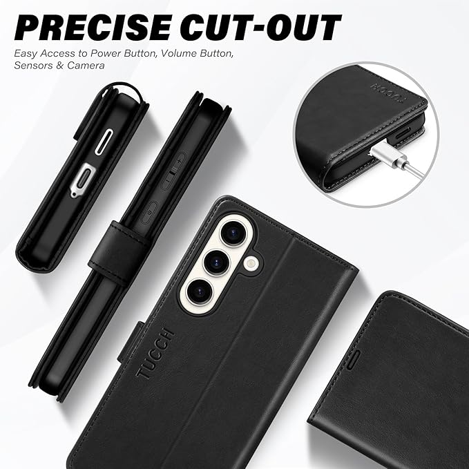 TUCCH Case Wallet for Galaxy S25 FE 5G, Kickstand [RFID Blocking] 4 Card Holder, Folio Magnetic PU Leather [TPU Shockproof Interior Shell] Protective Flip Cover (6.7") 2025, Black