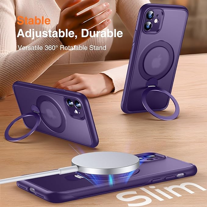 360° O-Ring MagStander for iPhone 11 Case with Magnetic Kickstand Ring Holder [Compatible with MagSafe][360°Rotate Stand Ring][Military Shockproof] Magnet iPhone 11 Phone Cover Matte Purple