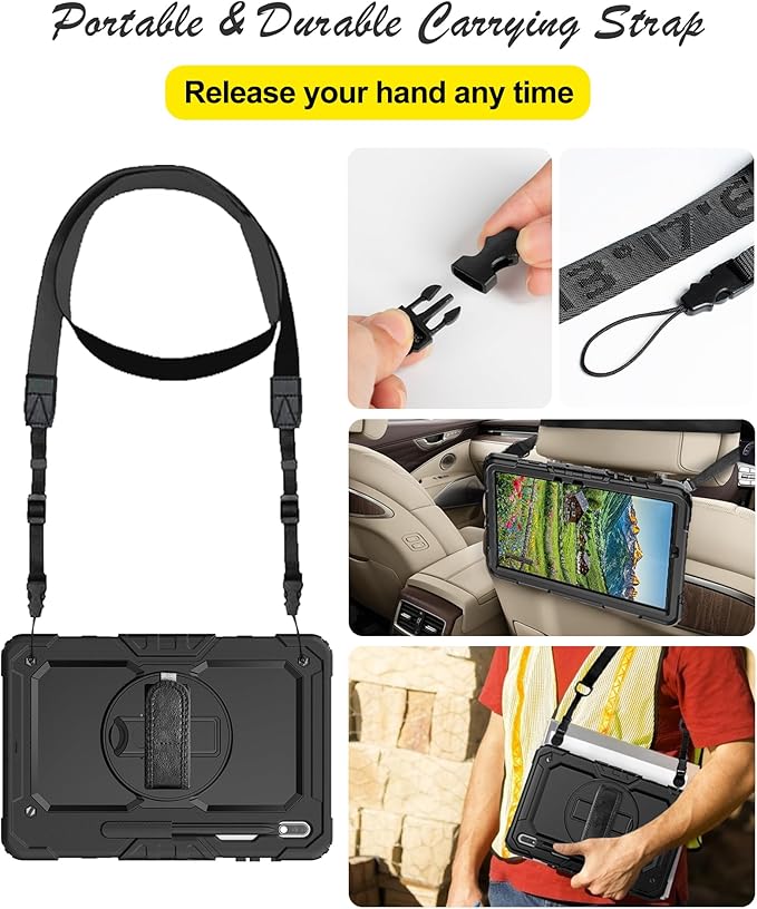 Case for Samsung Galaxy Tab S8 Plus 2022/S7 FE/S7 Plus 5G 12.4-inch Tablet Case Protective [with Screen Protector], Rotatable Kickstand, S Pen Holder, Hand/Shoulder Strap (Black)