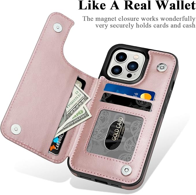 MMHUO for iPhone 14 Pro Case with Card Holder,Flower Magnetic Buttons Protective Wallet Case for Women for iPhone 14 Pro,Rose Gold