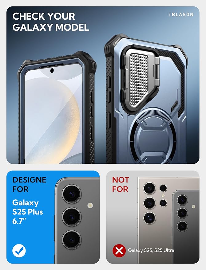 i-Blason for Samsung Galaxy S25 Plus Case with Camera Cover Stand [MagSafe Compatible] [Built-in Screen Protector] Full-Body Military-Grade Protection Rugged Magnetic Phone Case for S25 Plus, Blue